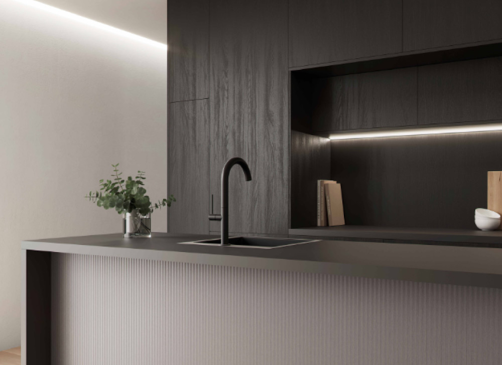 Cocina modular moderna con acabados oscuros