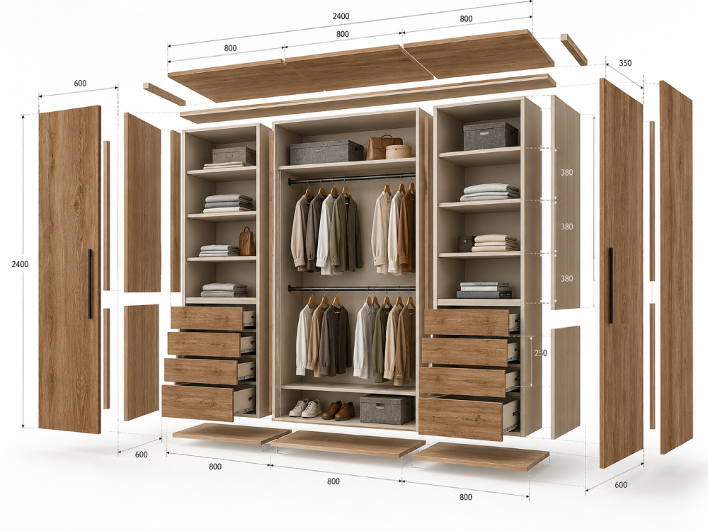 Despiece 3D de closet modular para fabricación